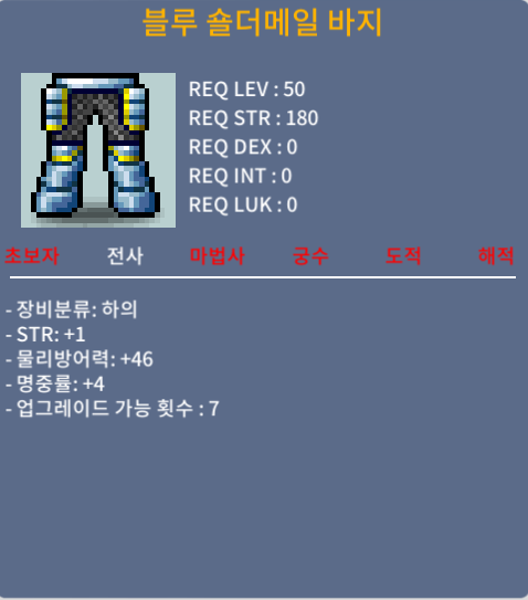 합5 50제 하의 팝니다. / 100만 / 블루 숄더메일 바지(힘+1/명+4) / https://open.kakao.com/o/sxSPrpXf