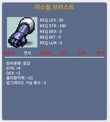 미스릴 브리스트 (50제 장갑) / 2500000 / 합6(힘4덱2) / 쪽지 또는 채팅