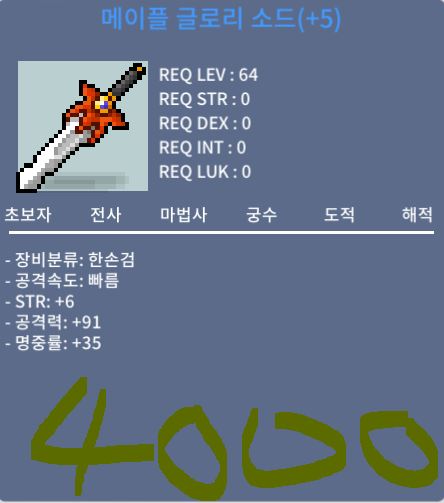 메이플 글로리 소드 / 40000000 / 힘6 공91 명35