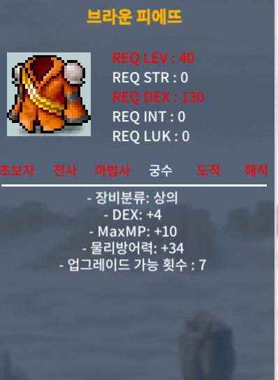 브라운 피에뜨 / 궁수 40 상의 / 물방34 DEX4 / 300000