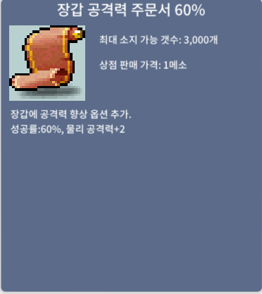 장갑공격력 주문서 60% / 300만 / 장공60퍼 3장 팝니다