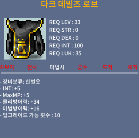 다크 데빌즈 로브 / 35 / INT 5/ MP 5/ 물방 34/ 마방 16 / https://open.kakao.com/o/solcn7Xf