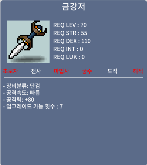 금강저 / 50만메소 / 노작(업횟 7회), 공80, 공격속도 빠름, 전사,도적 단검 / https://open.kakao.com/o/s03pTlWf