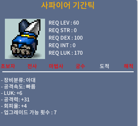 사파이어 기간틱 노작 럭6 공31 회피4 100 ㅍㅍ / 100