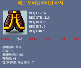 레드 오리엔타이칸 하의 / 60제 / 합7 / 힘4 명3 / 2300000