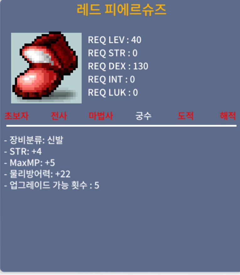 레드피에르슈즈 / 400,000메소 / 노작, 힘4, MaxMP5, 물방22 / https://open.kakao.com/o/squvwsUf 또는 채팅 및 쪽지 부탁드립니다.