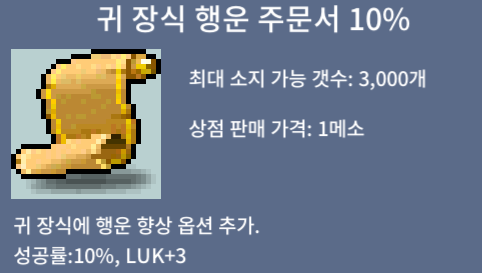 귀행 10퍼 장당 75만원에 싸게 팝니다 이제 5개 남았슴다. / 75 / 귀고리 행운 주문서 10퍼 / https://open.kakao.com/o/sjGcmkXf