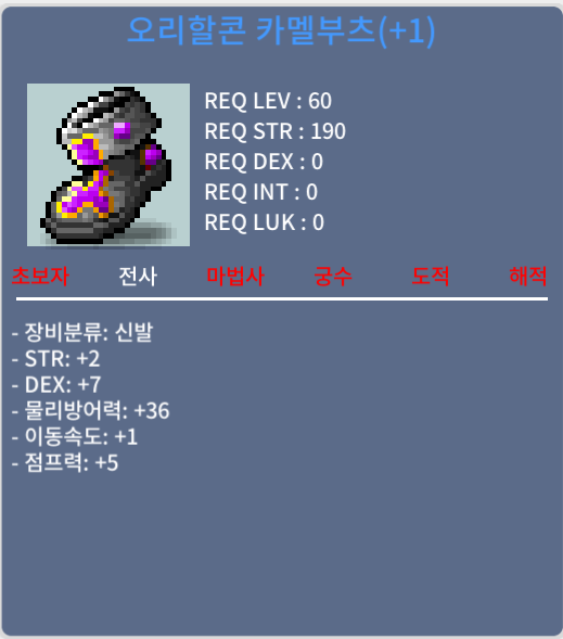 오리할콘 카멜부츠(+1) / 590만메소 / 합9(힘2,덱7), 신점1작(이속1,점5), 60제 전사 신발 / https://open.kakao.com/o/s03pTlWf