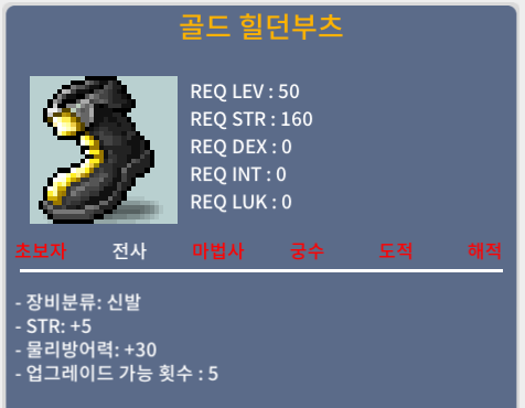 골드 힐던부츠 / 150만 / 힘5 / 채팅주세요