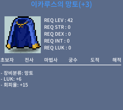 이카루스의 망토 (회피) / 1400 / 럭6 / 채팅 또는 쪽지