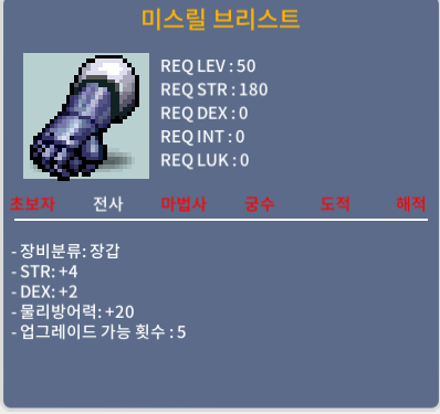 미스릴 브리스트/50제/힘4 덱2/노작/장갑 / 200만 / 물방20 / https://open.kakao.com/o/srN4NmYf