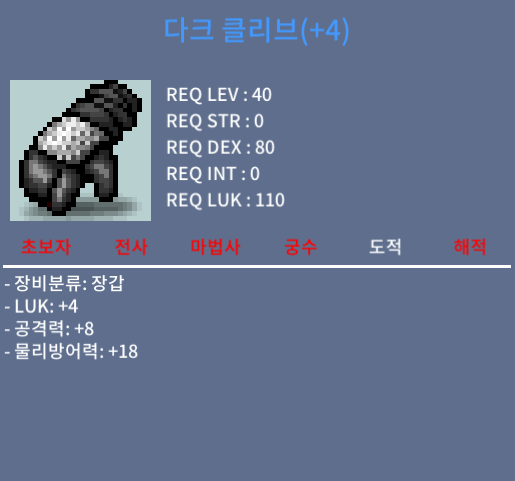 [판매완료]도적 40제 장갑 / 럭4, 공8 / 0