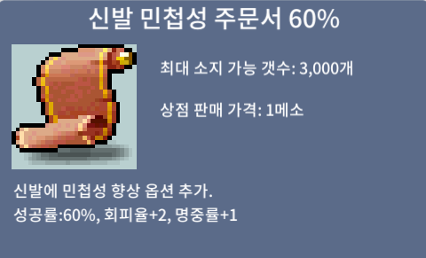 신발 민첩성 주문서 60% / 60 / 신민 60% 1장 / https://open.kakao.com/o/s8hyVVTf - ⚒️ 장비  주문서 판매 - 아르테일 공식 커뮤니티 - 빅뱅 전 옛날 메이플, 메이플스토리 월드