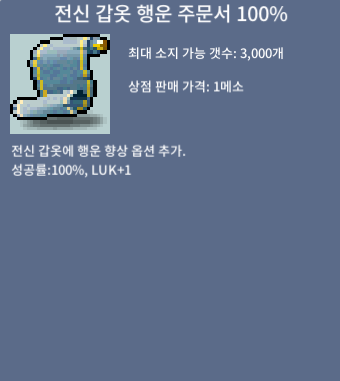 전신 갑옷 행운 주문서 100% / 500 / 2장 보유중 개당 500만 메소