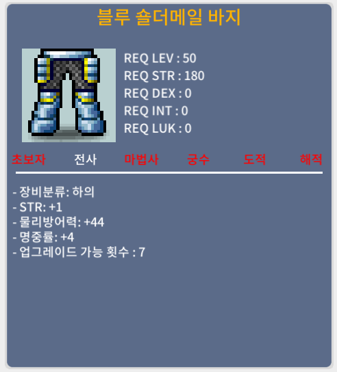 50제 블루 숄더메일 바지 합6 / 250만 / 힘1 명4