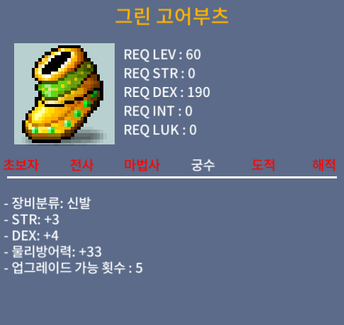 60제(신발) 그린고어부츠 힘3덱4(합7) / 150만메소 / https://open.kakao.com/o/sL9aCPVf