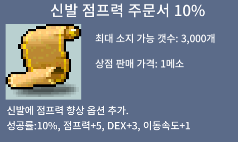 (신점)신발 점프력 주문서 10% 2장 / 장당 700,000 / 10% / 점프력 : +5 / DEX : +3 / 이동속도 : +1 / https://open.kakao.com/o/suKS5XWf