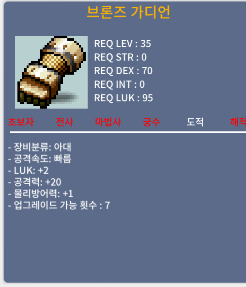 브론즈 가디언 / 200,000메소 / 럭스2 공격력 20