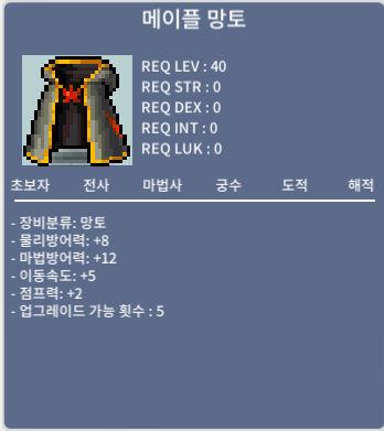 40제 메이플 망토 노작 팝니다 / 800만 / 이속5 점2 업횟5 / 채팅 / https://open.kakao.com/o/sQDamsWf
