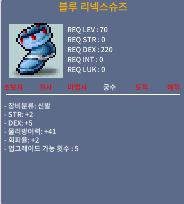 블루 리넥스슈즈 / 150 / STR+2, DEX+5 / 채팅 쪽지 주세요