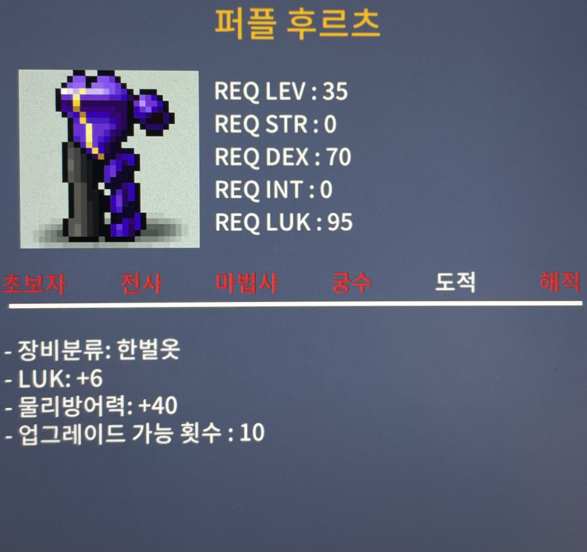 퍼플후르츠 35제 / 300,000 / LUK : +6 / 물리방어력 : +40 / https://open.kakao.com/o/suKS5XWf