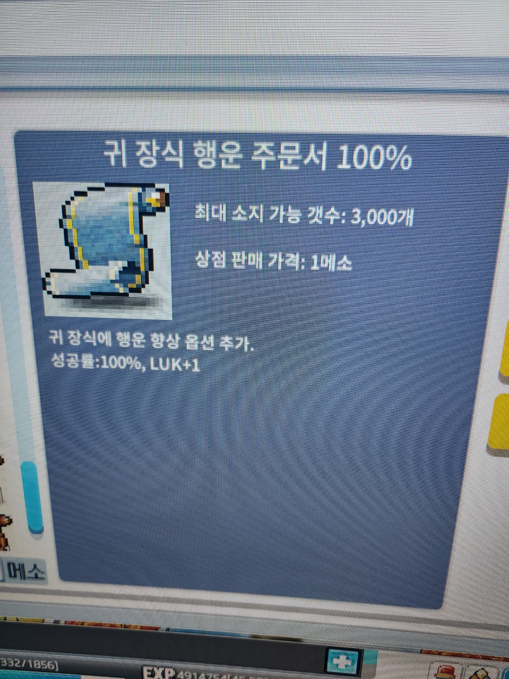 귀 장식 행운 주문서 100% / 장당 20만메소 / 덱2 럭6 = 합8 / 찬.#4709 (디코)