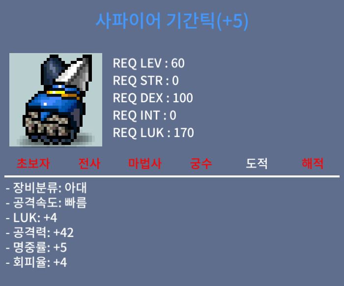 사파이어 기간틱 / 1000 / 럭4 공42 / 쪽지 또는 채팅주세요
