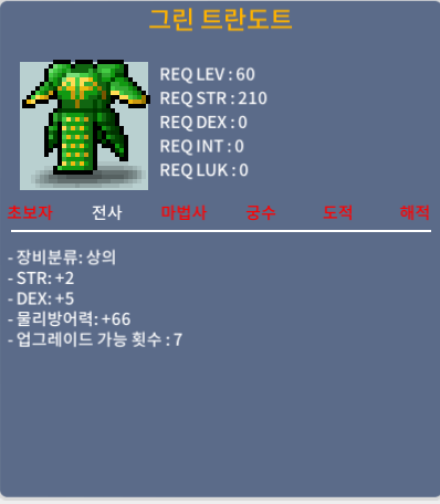 60제 상의 그린트란도트 / 50만 / 힘2덱5 합7 / 쪽지or채팅