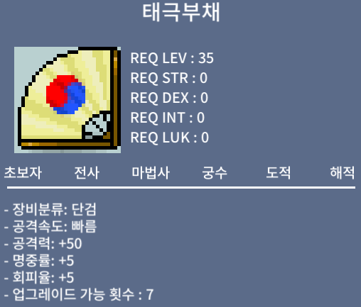 태극부채 노작 팝니다 (공격력 50) / 200,000 / 공 50 / 명중률 +5 / 회피율 +5 / https://open.kakao.com/o/sMPspqYf