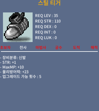 30제 미스릴 배틀 그리브 2개 / 35제 스틸 디거 / 덱스+2,+3 / 힘+1 / 10만, 20만, 10만