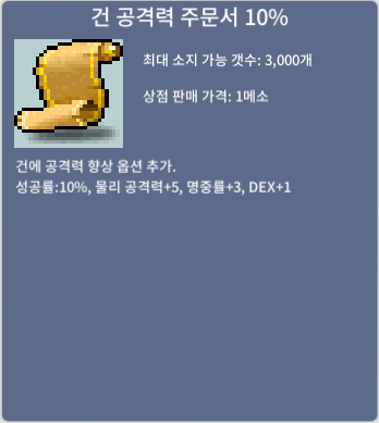 건 공격력 주문서 10% (건공 10%) / 50만 / 1개 / 오픈카톡 or 채팅