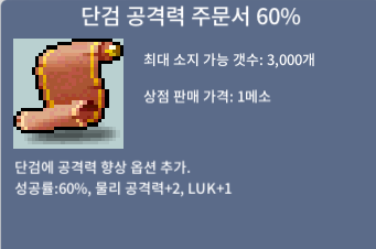 단검 공격력 60% 1장 / 120만메소 ㅍㅍㅍ / 1200000 / 채팅 주세요~