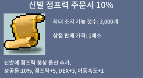 신발 점프력 주문서 10% / 신점 10% / 개당 65만 메소 / 신발 점프력 주문서 10% / 2개 / https://open.kakao.com/o/srUhy7Vf