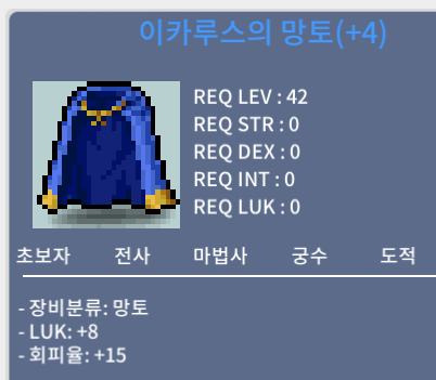 [판매 완료]-이카루스의 망토 / 30,000,000원 / 럭8, 회피+15