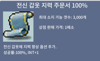 전신 갑옷 지력 주문서 100% / 500만 / 4장 / 채팅쪽지