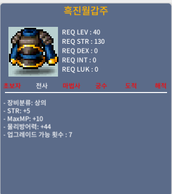40제 상의 흑진월갑주 / 20만 / 힘5 / 채팅 / 오카방